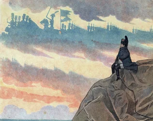 Scene of the history of France in toys: Napoleon I Bonaparte in exile on the island of Sainte Helene presented in an attitude of melancholy and loneliness. (detail) In Joujoux à l
