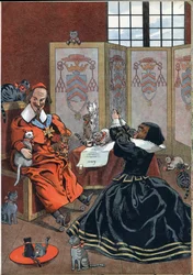 Scene of the history of France in toys: woman begging for the forgiveness of Cardinal Richelieu (1585-1642) surrounded by cats. In Joujoux a l