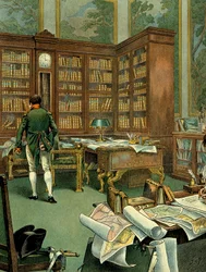 Working cabinet of Napoleon I Bonaparte (1769-1821) on the first floor of the Palais des Tuileries while he was First Consul. Desk with library and clock built in wood. Illustration by Jacques Marie Gaston Onfray de Breville, known as JOB (1858-1931).